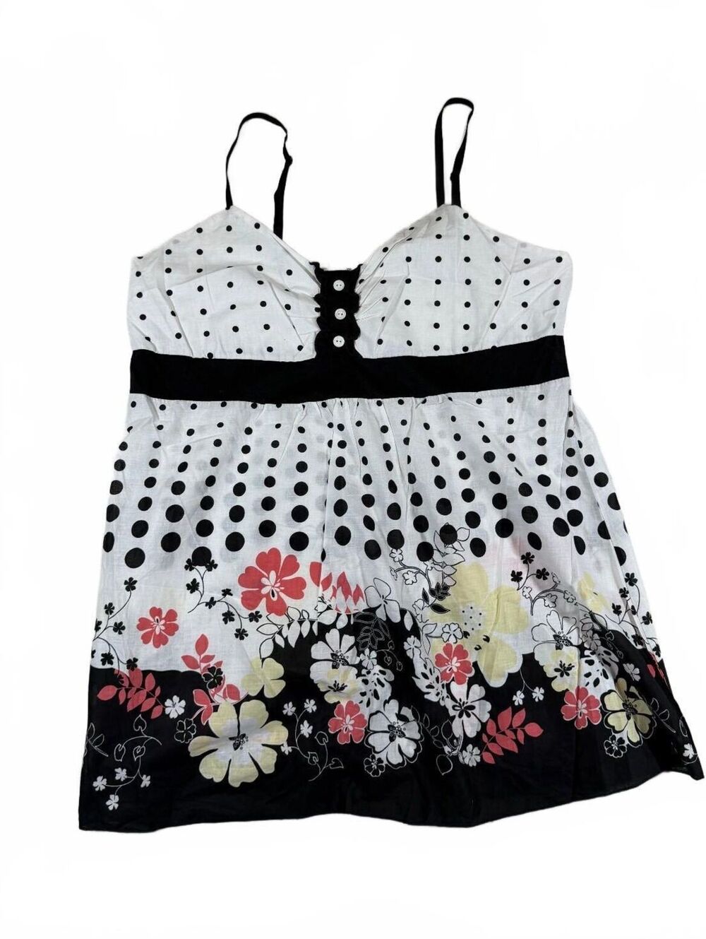 Vintage Deadstock Black Polka Dot Floral Babydoll Top Measures Modern XL
